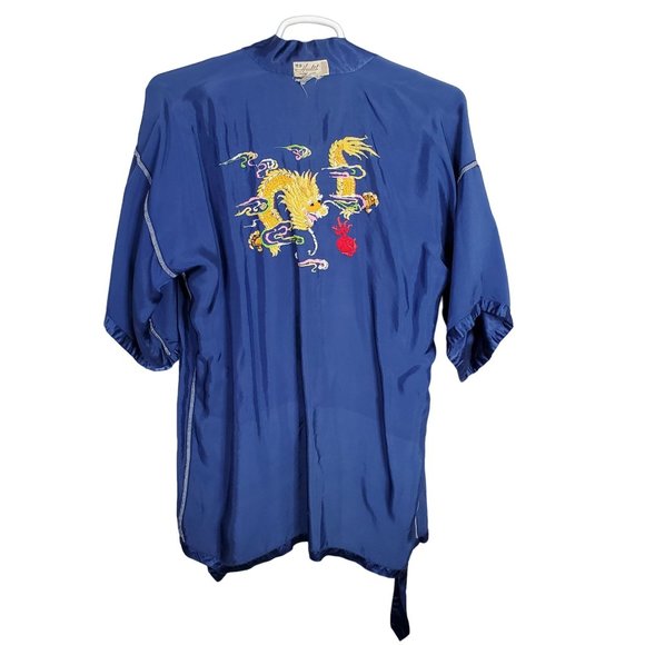 Health Shanghai Size M Kimono Robe Silky Rayon Embroidered Dragon Tie Belt Blue - Picture 12 of 14